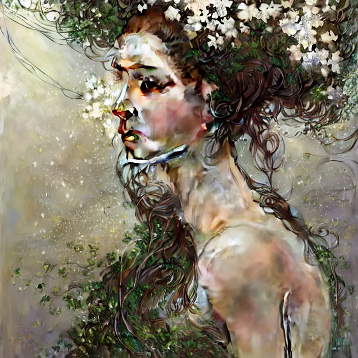 Image similar to hyperrealist portrait of a 2 0 4 4 space sport engineer, it is decorated with long wires and white flowers that fall like vines and wears a huge computer crown. by jeremy mann and alphonse mucha, fantasy art, photo realistic, dynamic lighting, artstation, poster, volumetric lighting, very detailed faces, 8 k, award winning