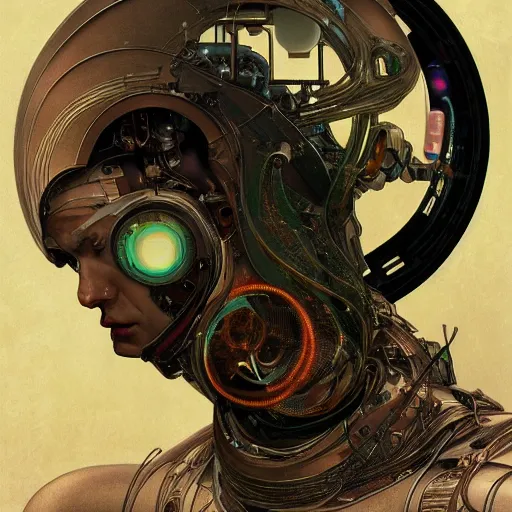 Image similar to portrait of a male android, coy, circuitry visible in head, in the style of ex machina, karol bak, alphonse mucha, greg rutkowski, award winning, hr giger, artstation