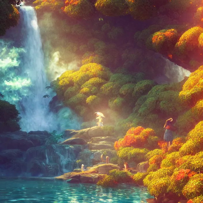 Image similar to an epic makoto shinkai and renoir landscape with a hawaiian waterfall, golden hour, 🌺, ultra smooth, octane render, lois van baarle, ilya kuvshinov, unreal engine, blender, trending on artstation, suntur, caleb worcester, highly detailed, photorealism, bloom effect