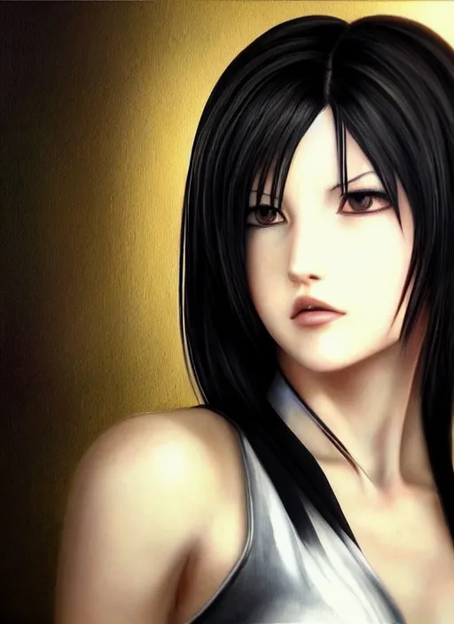 Image similar to elegant Tifa Lockhart stares intently at you. ultra detailed painting at 16K resolution and epic visuals. epically surreally beautiful image. amazing effect, image looks crazily crisp as far as it's visual fidelity goes, absolutely outstanding. vivid clarity. ultra. iridescent. mind-breaking. mega-beautiful pencil shadowing. beautiful face. Ultra High Definition. processed twice.