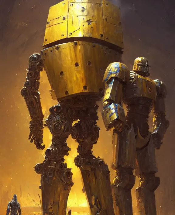 Image similar to human-sized strong intricate yellow pit droid holding large paladin medieval shield!!! and a long medieval engraved powerful great sword, pancake short large head painterly humanoid mecha, beautiful fantasy background by Greg Rutkowski