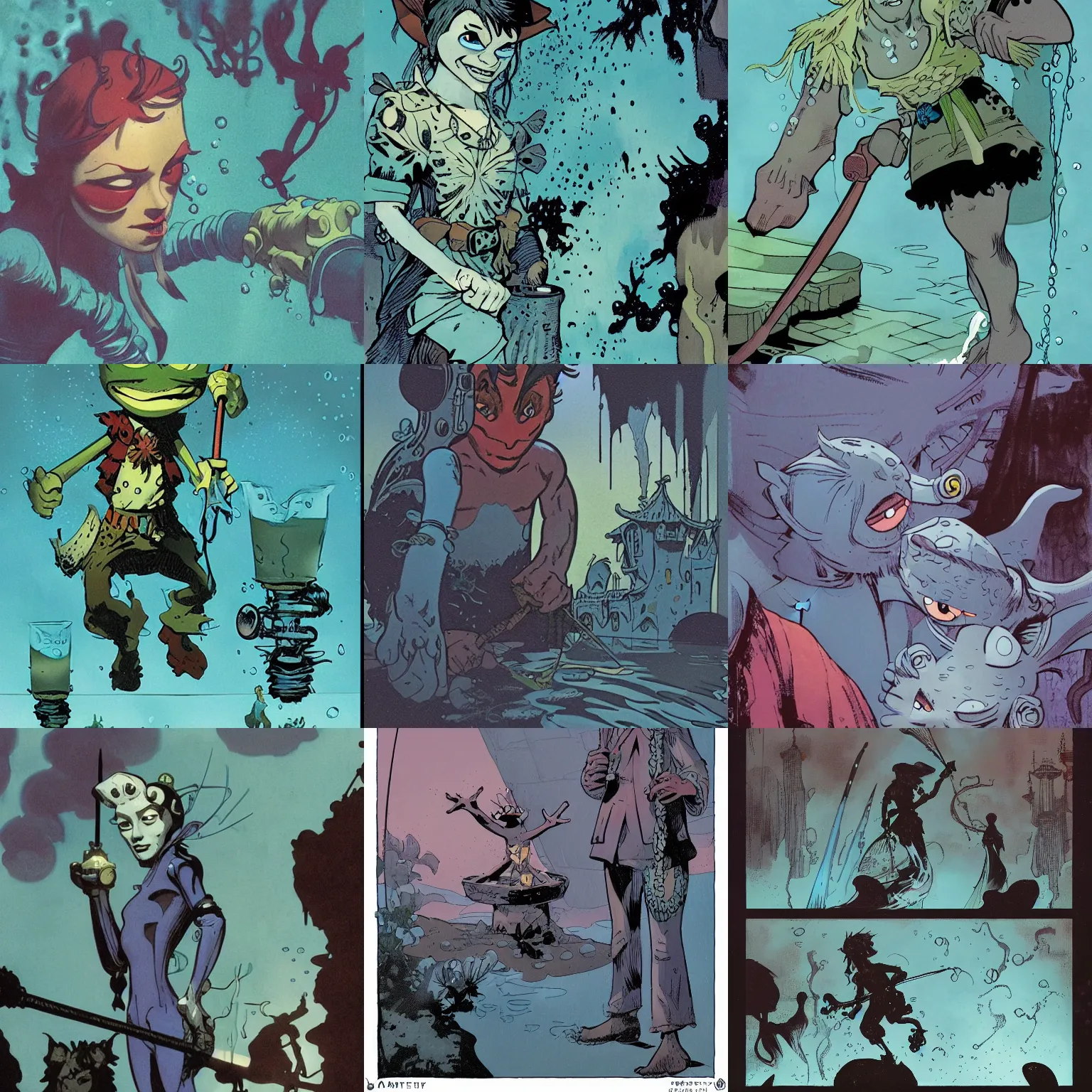Prompt: closeup fantasy with water magic, at gentle dawn blue light, painted by jamie hewlett and ashley wood and mike mignola