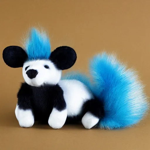 Prompt: skunk plush toy with blue markings,