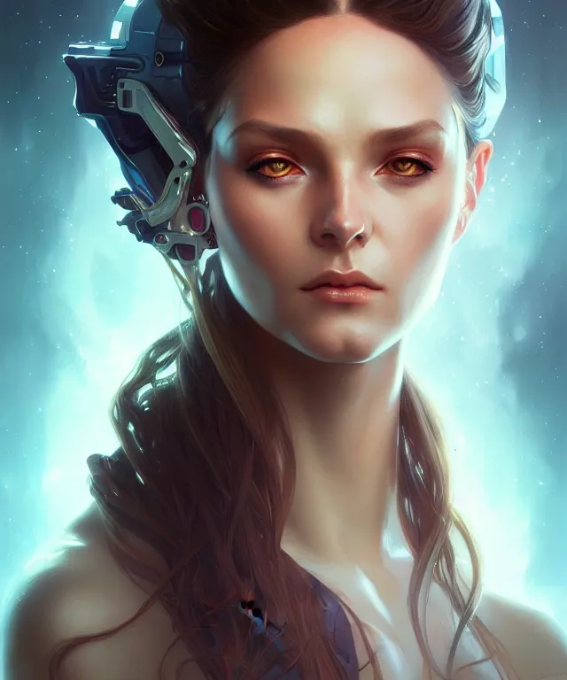 Image similar to futuristic young woman portrait, sci-fi, amber eyes, face, long hair, fantasy, intricate, elegant, highly detailed, digital painting, artstation, concept art, smooth, sharp focus, illustration, art by artgerm and greg rutkowski and alphonse mucha