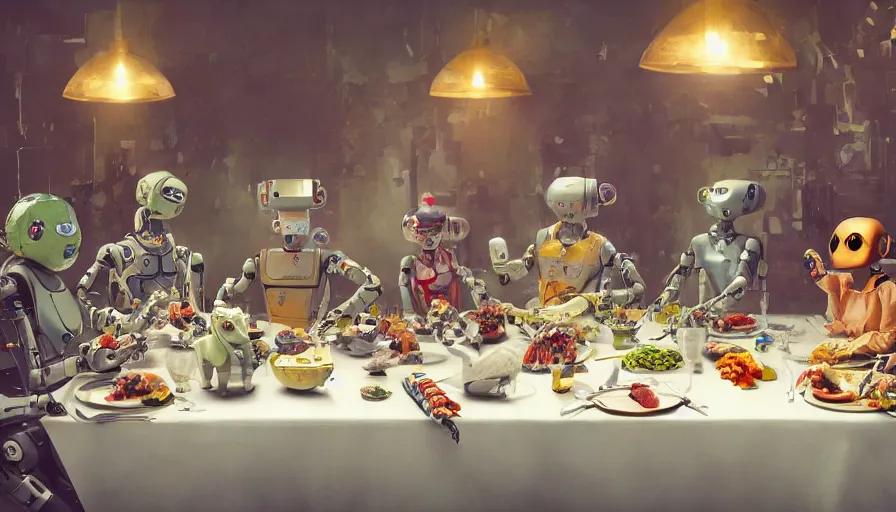 Image similar to a table dinner of robots where robots are dressed like the characters from the midsommar movie, cinematic, hyperdetailed, octane render, trending on art station, ultrarealistic