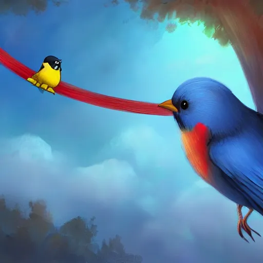 Image similar to a beautiful adorable fantasy whimsical matte digital storybook painting of a blue bird a red bird and a yellow bird on a wire, bright blue sky, Disney concept art, trending on artstation hq, contest winner