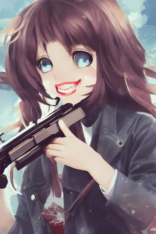 Prompt: illustration of a girl smiling holding a gun, drawn by mai yoneyama and mitsume takahashi, detailed, dynamic lighting, trending on pixiv, digital art, anime art, detailed face, high saturation,