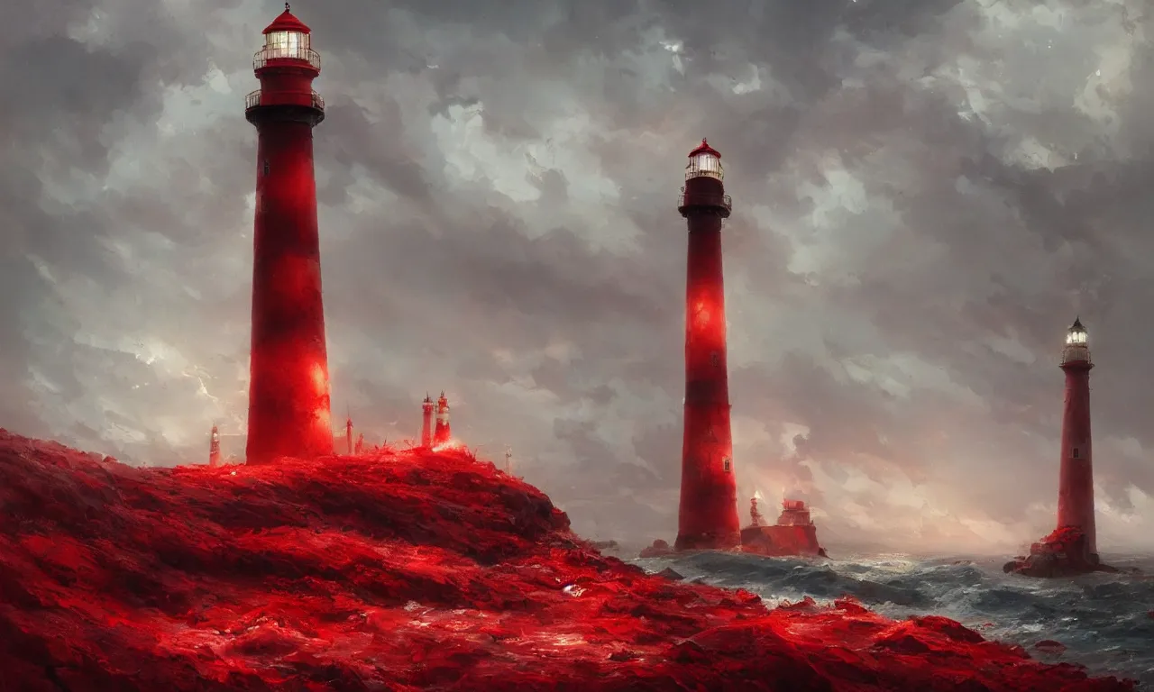 Image similar to a beautiful painting of a lighthouse surrounded by a violent tumultuous sea of red blood by John Blanche and Greg Rutkowski, trending on Artstation, midjourney