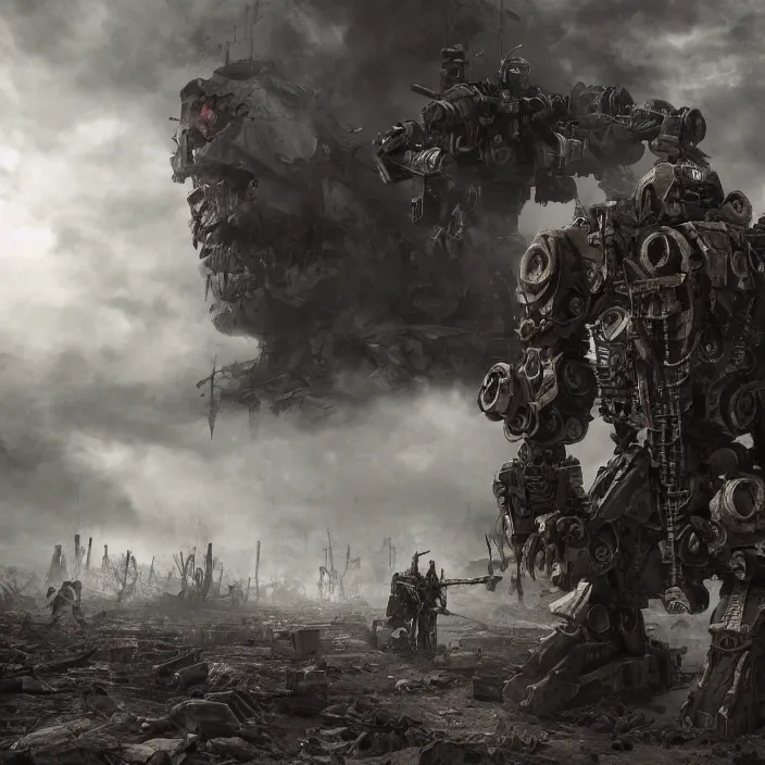 Image similar to gritty apocalyptic scene of human standing next to mech - warrior, hyper - detailed, sharp focus, 4 k ultra hd, fantasy dark art, apocalyptic art