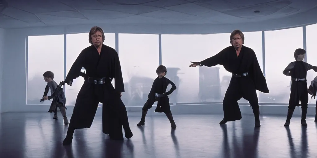 Image similar to A still of Mark Hamill as Jedi Master Luke Skywalker training a room full of young Jedi padawans, with large windows showing a sci-fi city outside, at dusk at golden hour