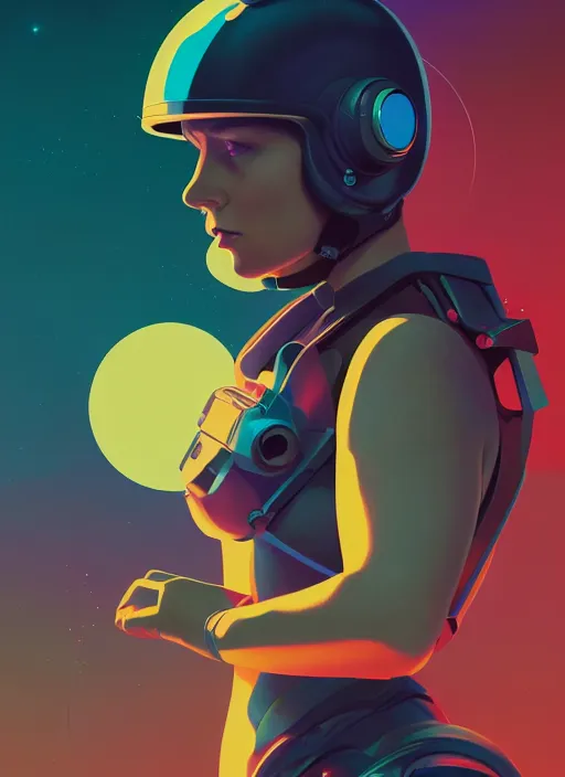 Prompt: retrofuturistic portrait of a woman, part machine, reflective gradient, space graphics art in background, close up, quint buchholz, wlop, dan mumford, artgerm, liam brazier, peter mohrbacher, raw, featured on artstation, octane render, cinematic, elegant, intricate, 8 k