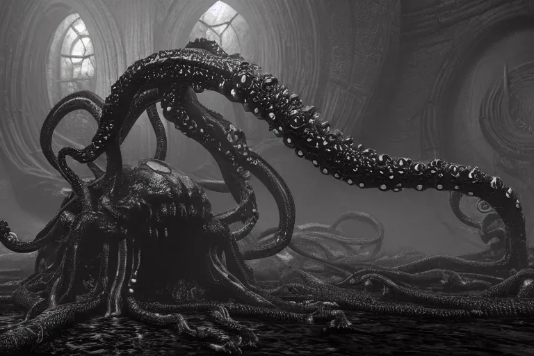 Image similar to ultra realist 3D render of the world of Lovecraft Elden Ring and Giger, gigantic oily tentacles and eyes, very intricate details, ultra dense fog, golden ratio, volumetric black and white lighting, reflections, refractions, symmetry accurate anatomy features, artstation, octane render