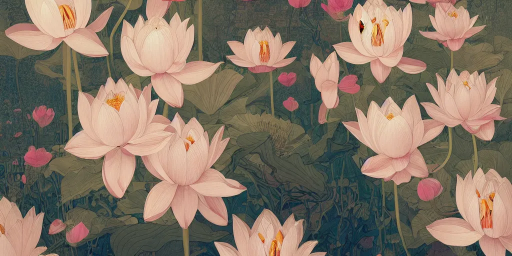 Image similar to breathtaking detailed concept art painting art deco pattern of blonde faces goddesses amalmation lotus flowers with anxious piercing eyes and blend of flowers and birds, by hsiao - ron cheng and john james audubon, bizarre compositions, exquisite detail, extremely moody lighting, 8 k