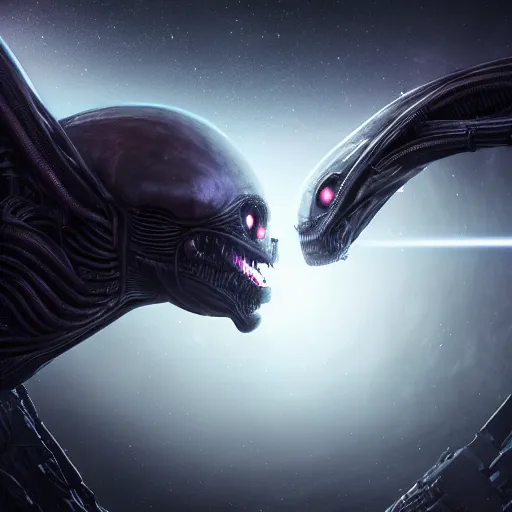 Image similar to a horrified man on a spaceship face to face with an alien from another galaxy, volumetric lighting, 8 k octane beautifully detailed render, post - processing, extremely hyper - detailed, intricate, epic composition, cinematic lighting, masterpiece, trending on artstation, detailed detailed detailed, masterpiece, beautiful cinematic light,