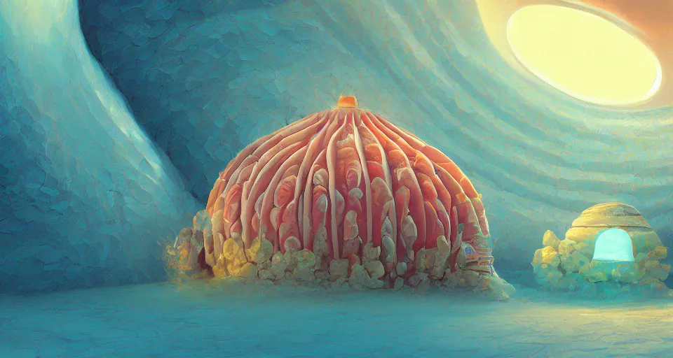 Image similar to digital painting of a tiny sacred spiral, procedural seashell house surrounded by dreamy coral, syd mead, cell shaded graphics, concept art, minimalist, golden ratio