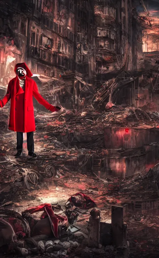 Image similar to cinematic scene of a comedian in red coat performing comedy show on dead bodies in streets of an apocalyptic metropolis destroyed after war, fantasy art, dramatic lighting, insane details