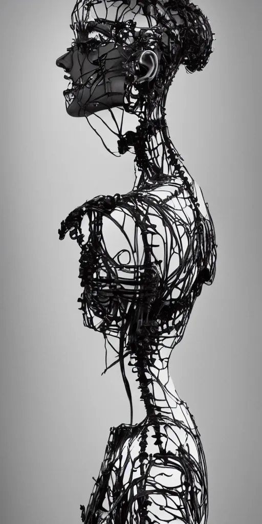 Image similar to black and white dreamy foggy smoky profile face portrait, single skeletal biomechanical beautiful young female cyclops - cyborg - robot bust, body ribs meshes,, volumetric light, rim light, by dora maar and cecile beaton, big gothic fashion pearl embroidered collar, 8 k