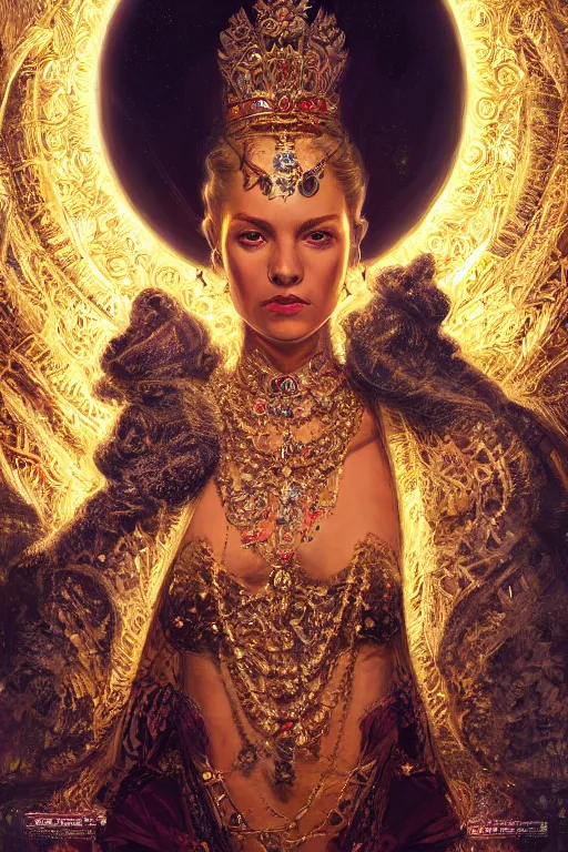 Image similar to portrait of majestic royal queen in her thrown with jewels, staring directly into camera, intricate, elegant, glowing lights, highly detailed, digital painting, artstation, sharp focus, illustration, art by wlop, mars ravelo and greg rutkowski