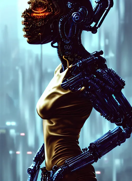 Image similar to soft lustrous full body dark biotech raver gutter punk cyberpunk cyborg bioweapon, golden ratio, details, sci - fi, dark fantasy, horrorpunk, cyberpunk, intricate, decadent, highly detailed, digital painting, octane render, artstation, concept art, smooth, sharp focus, illustration, art by artgerm, loish, wlop