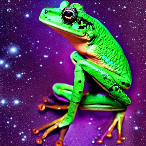 Image similar to realistic portrait of a flower frog, galaxy background Annie Leibovitz style,