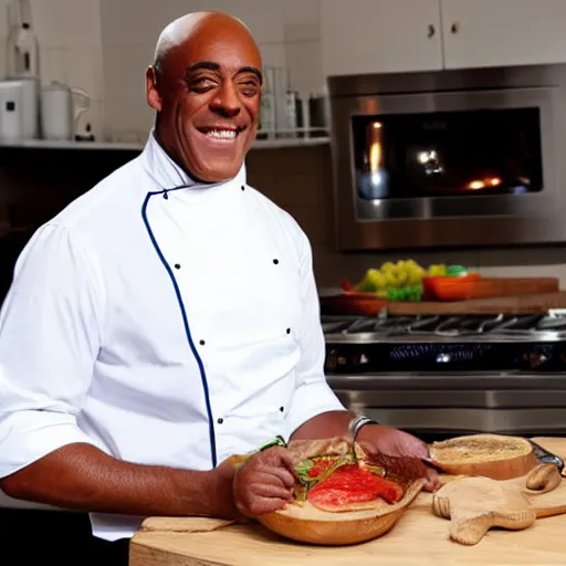 Prompt: ainsley harriott smiling whilst cooking a tasty meal