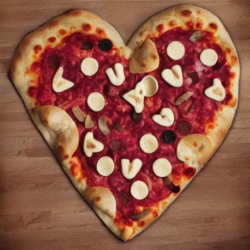 Prompt: heart pizza with bones on it. hyperdetailed photorealism