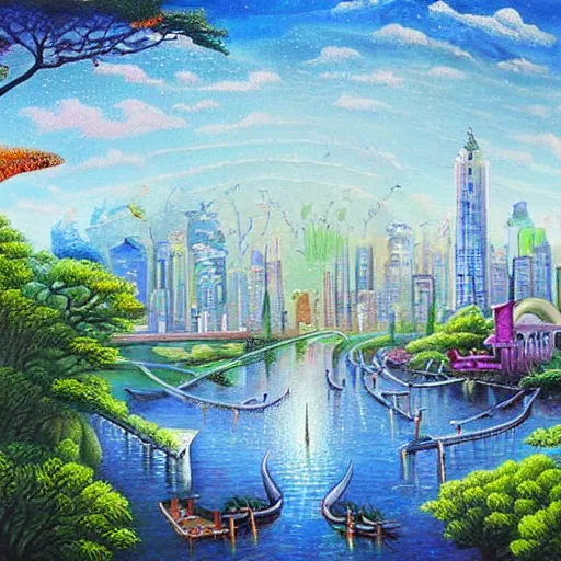 Image similar to Beautiful city of the future in harmony with nature. Beautiful detailed painting by Lurid. (2022)