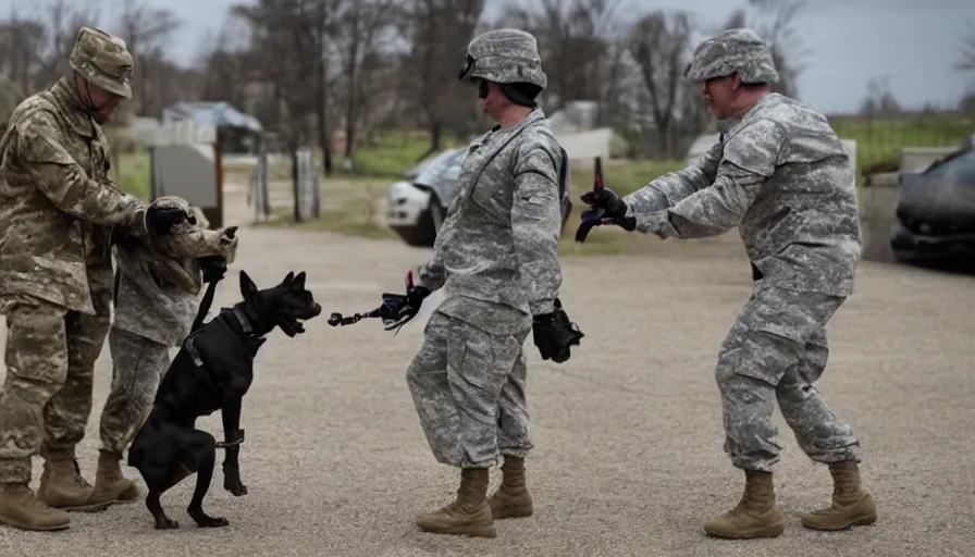 Image similar to a soldier sends a dog to attack a cyborg