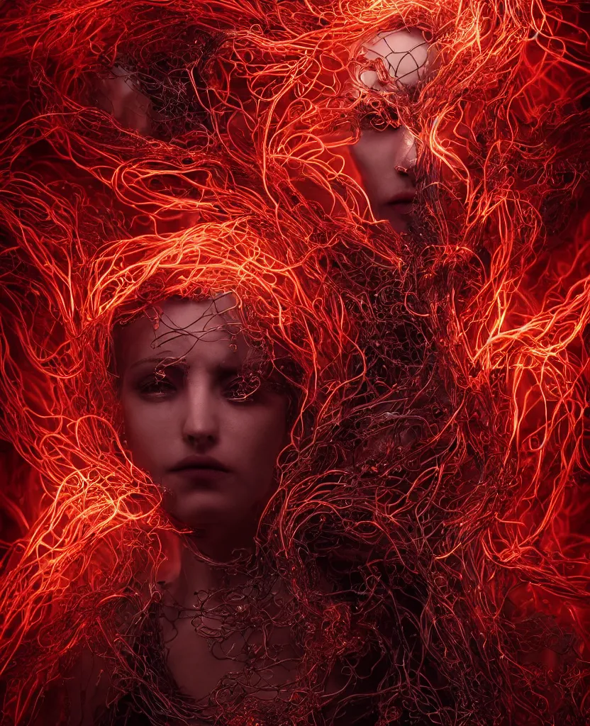 Image similar to beautiful portrait of the priestess of pain and sorrow, intricate tendrils forming a string structure, chaotic swirling ferrofluids, occult, octane render, glow, surreal dramatic lighting, intricate fine ornaments, translucent, lighting 8k, cinematic, blur, shallow depth of field, neuro web, plasma, neon, glimpse of red