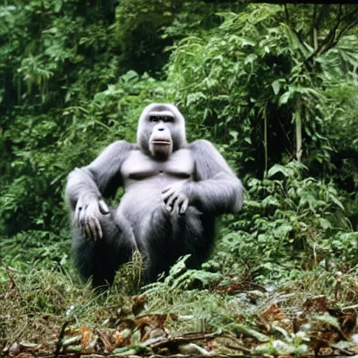 Prompt: david attenborough wearing a gorilla costume while sitting in a jungle, surrounded by gorillas, still from nature documentary