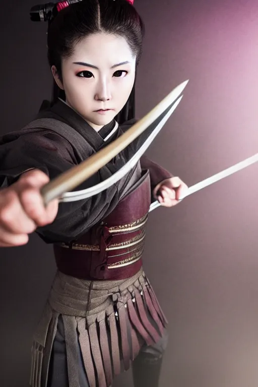 Image similar to highly detailed beautiful photo of a young female samurai, practising sword stances, symmetrical face, beautiful eyes, realistic anime art style, 8 k, award winning photo, pastels, action photography, 1 / 1 2 5 shutter speed, dramatic lighting