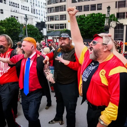 Prompt: trump's party and the proud boys dancing to ymca.