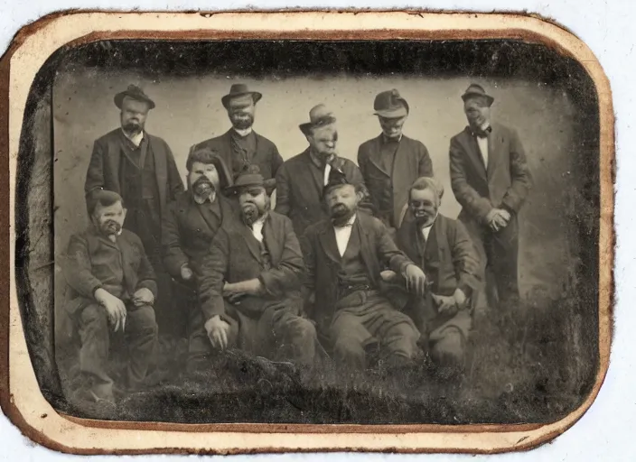 Prompt: tintype photo a group of men with a woolly mammoth