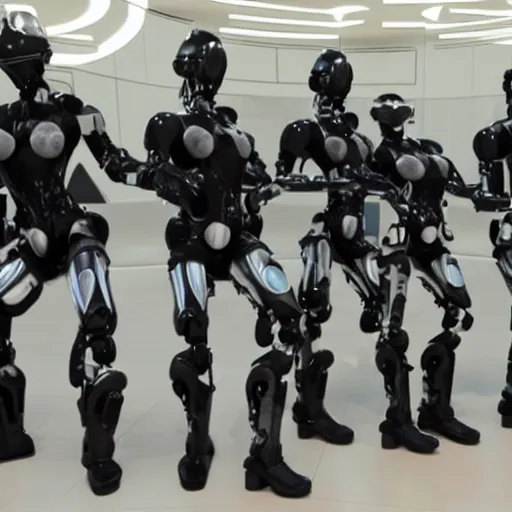 Image similar to Masculine Police Robots Strike Macho Poses in a Futuristic Shopping Mall