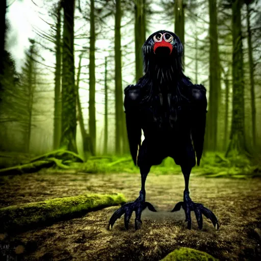 Image similar to werecreature consisting of a human and crow, photograph captured in a forest