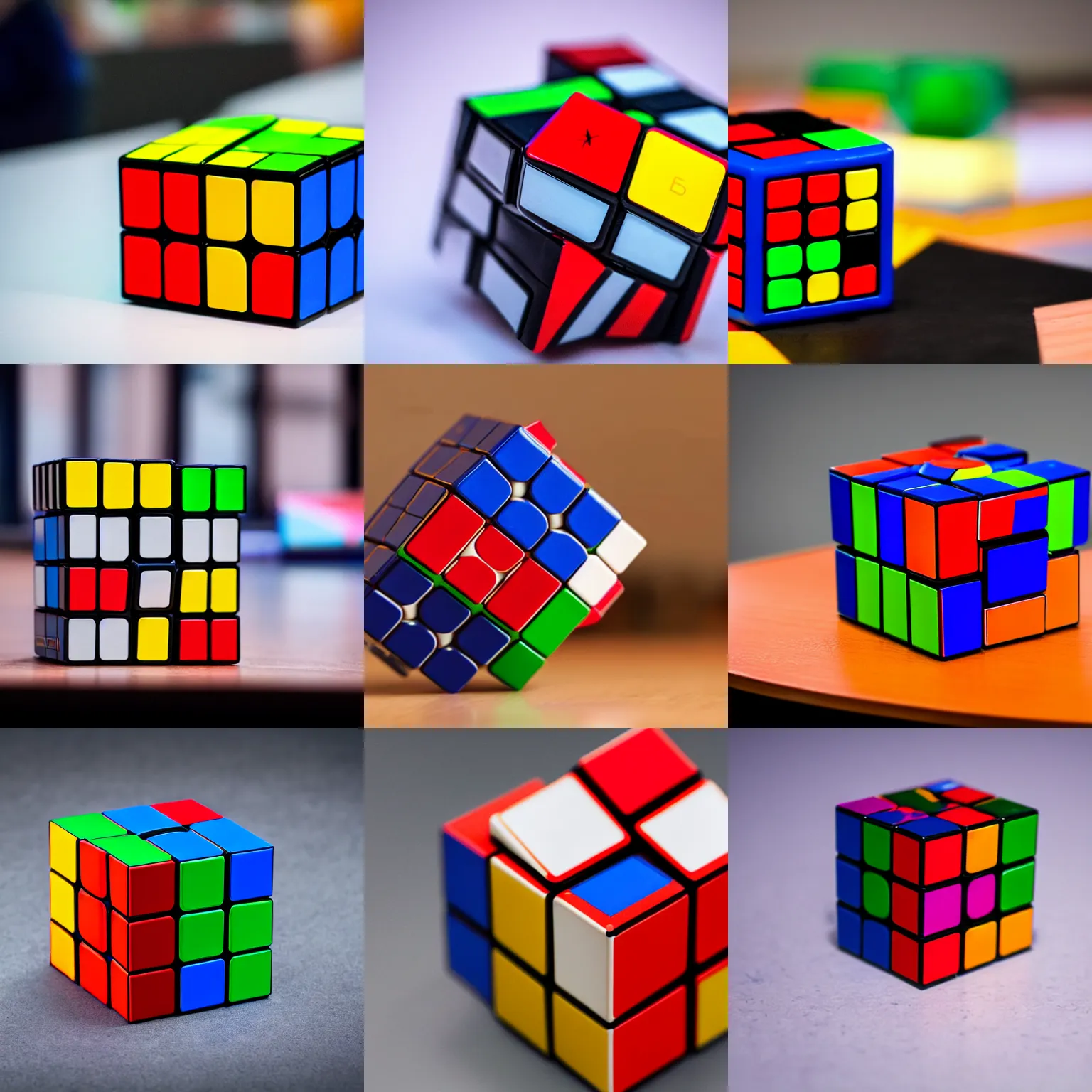 Prompt: a solved rubik's cube lying on the table. digital display with the world record time is seen in the background. picture taken at speedcubing competition, 3 5 mm 4 k shot, background blur, room lighting