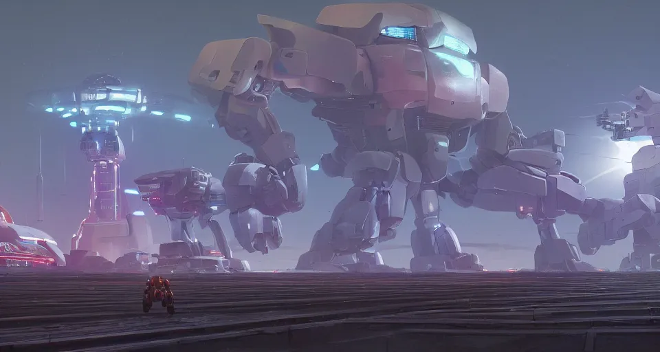 Image similar to Landscape with GIANT mechatronics megastructure looming in the distance fighting each other, inspired by gundam, cinematic, rendered by simon stålenhag, rendered by Beeple, Makoto Shinkai, syd meade, environment concept, digital art, unreal engine, 3 point perspective, WLOP, trending on artstation, low level, 4K UHD image, octane render,