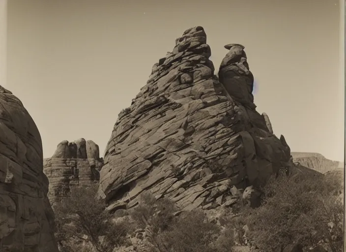 Image similar to Photograph of a chimney rock piercing through lush desert vegetation and boulders with distant mesas in the background, albumen silver print, Smithsonian American Art Museum