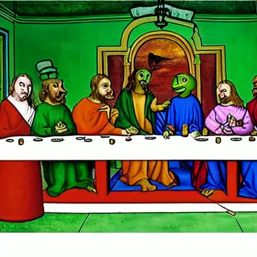 Prompt: pepe the frogs in the last supper