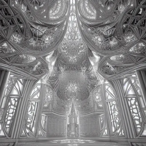 Prompt: a photograph of a massive sprawling fractal cathedral interior populated by mandelbrot fractals, unreal engine, carved soap, white color scheme, volumetric lighting, ambient lighting, octane render, glowing, carved marble, opalescent, carved wood, sacred geometry, religious, angelic, catholicpunk, photorealism, 8 k, ultra detailed