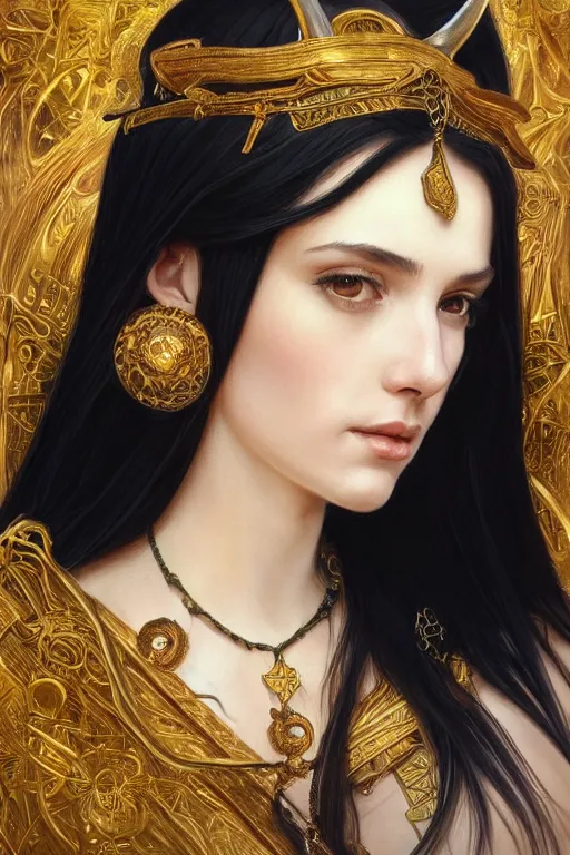 Image similar to a beautiful woman with long black hair, big symmetrical natural ram horns on her head, flowing dress, gold jewellery, dnd, face, fantasy, intricate, elegant, highly detailed, digital painting, artstation, concept art, smooth, sharp focus, illustration, art by artgerm and greg rutkowski and alphonse mucha