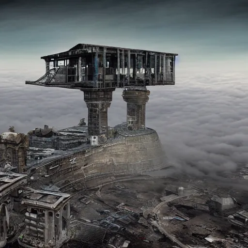 Prompt: ancient hi tech sci fi industrial superstructure standing above the clouds with an abandoned city on top, photograph, derelict, hyperrealism, megastructure