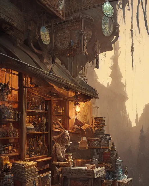 Prompt: A merchant selling treasuries, highly detailed store, fantasy art, goblin art, in the style of greg rutkowski, illustration, epic, fantasy, intricate, hyper detailed, artstation, concept art, smooth, sharp focus, ray tracing