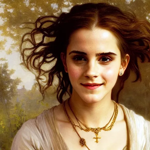 Prompt: Painting of Emma Watson as Hermione Granger. Wearing a golden H necklace. Smiling. Happy. Cheerful. Art by william adolphe bouguereau. During golden hour. Extremely detailed. Beautiful. 4K. Award winning.