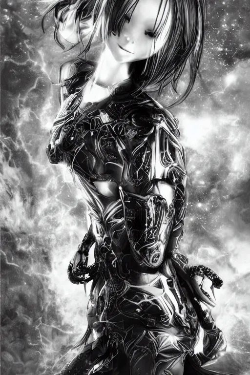 Image similar to a vertical portrait of a character in a scenic environment, black and white, dreamy, cybernetic suit, long straight black hair, highly detailed, by Yoshitaka Amano