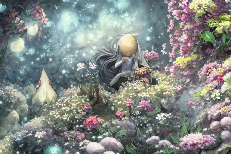 Image similar to dynamic composition, motion, ultra - detailed, incredibly detailed, a lot of details, amazing fine details and brush strokes, colorful and grayish palette, smooth, hd semirealistic anime cg concept art digital painting, watercolor oil painting of sea of flowers, no face, in style of cytus and deemo, blue flame, relaxing, calm and mysterious vibes