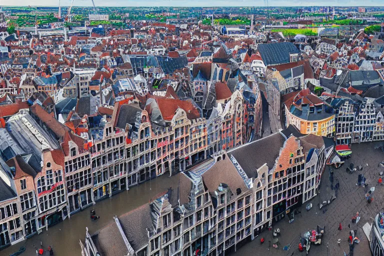 Prompt: drone view of gent belgium, hyperrealism painting, wide angle, very detailed, high resolution