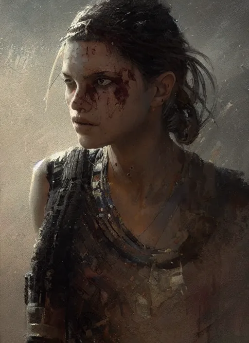 Image similar to female warrior girl, beautiful face, rule of thirds, intricate outfit, spotlight, by greg rutkowski, by jeremy mann, digital painting