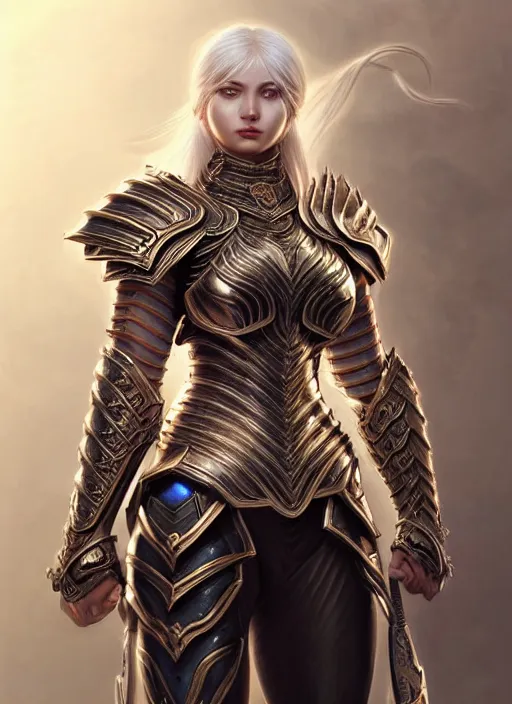 Image similar to warrior, intricate ornate opal heavy armor!!! beautiful and athletic white hair female!! gorgeous face and eyes!! character concept art, sharp focus, octane render! unreal engine 5! highly rendered!! trending on artstation!! detailed linework!! illustration by artgerm, wlop, and chie yoshii