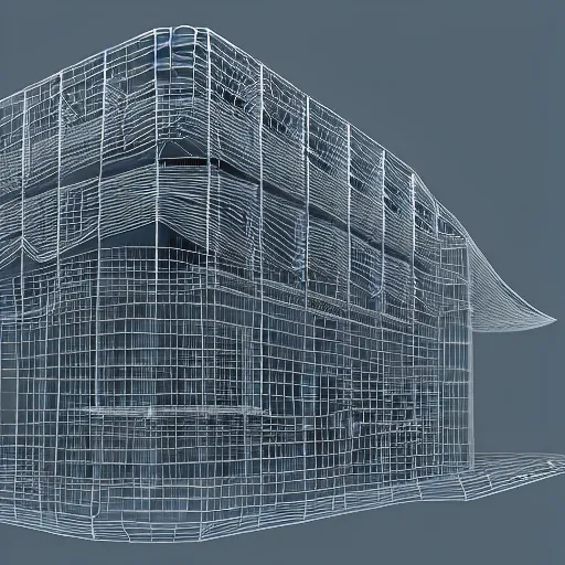 Prompt: 3 d sculpted wireframe model of scifi cylindrical bulbous industrial building facade by moebius, mass effect, starship troopers, elysium, prometheus, the expanse, high tech industrial, artstation unreal, unity, maya, houdini